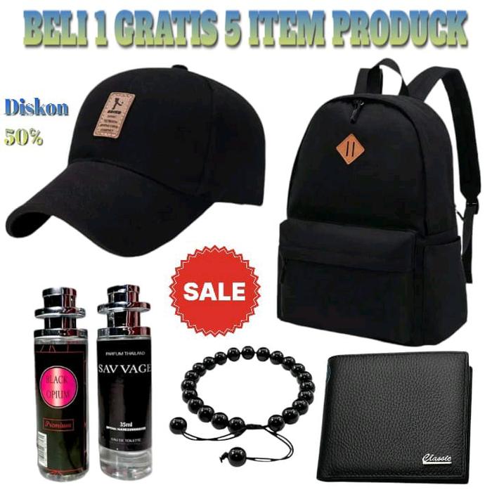 Paket Hemat Beli 1 Gratis 5 Item Tas Ransel, Topi Ediko, Parfum, Dompet, dan Gelang Pria Sekolah Bac