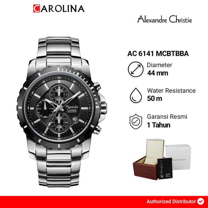 Jam Tangan Pria  Alexandre Christie  Chronograph AC 6141 MCBTBBA Black Dial Stainless Steel Strap Wa