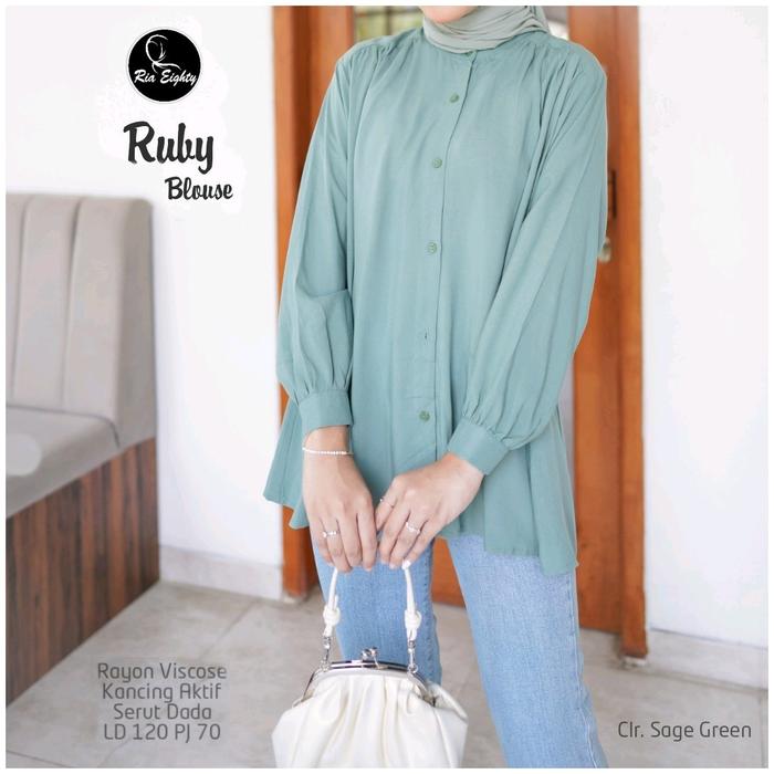 Ruby Kemeja Blouse Oversize Jumbo Polos Lilac   Hitam Fuschia Katun Rayon Viscose Ld 120 Fit XXL By 