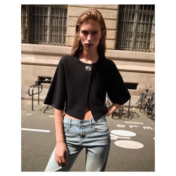 ￼TGRMN - Black Single Button Knit Top Blouse
