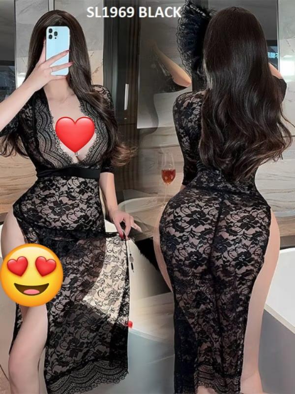 BLIORI Long dress bodycon  lace 1969 Lingerie Hot Sexy Maid Pembantu Waitresses Binal Warna Maroon S