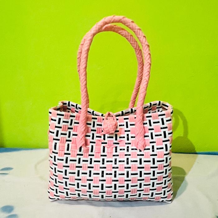 Tas anyaman plastik PINK tote bag bahu cewek berbahan jali premium class polos motif untuk acara haj