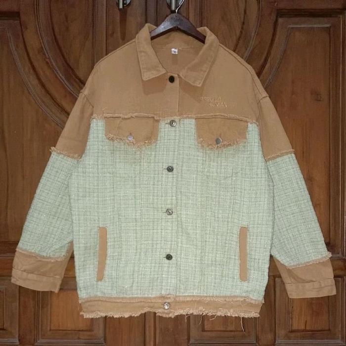 Jaket Denim Mix Tweed Wanita Cokelat Washed Sage Blink Bigsize LD 116
