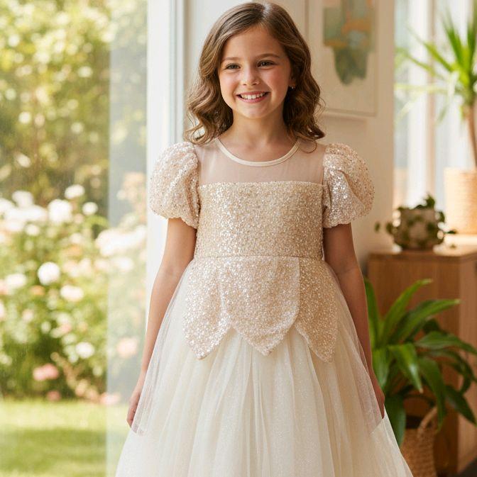 (9-11/12T) Dress anak junior tutu lengan pendek payet sequins gold cream + bando bintang emas