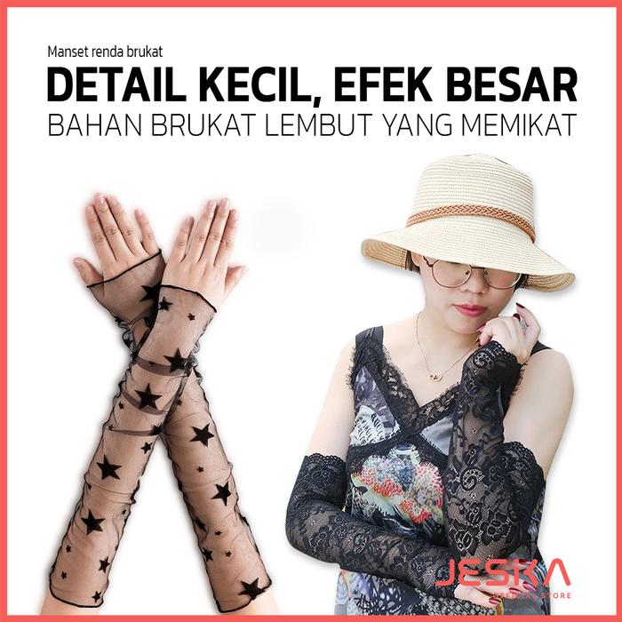 Long sleeve renda manset tangan transparan elastismotif garis-garis bunga kekinian Wanita dewasa rem