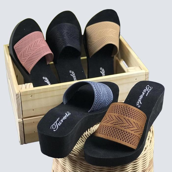 Sandal Wedges Wanita Slop Rajut Platform Kekinian Sendal Selop Tinggi Hak Tebal Kondangan Elegan Cas