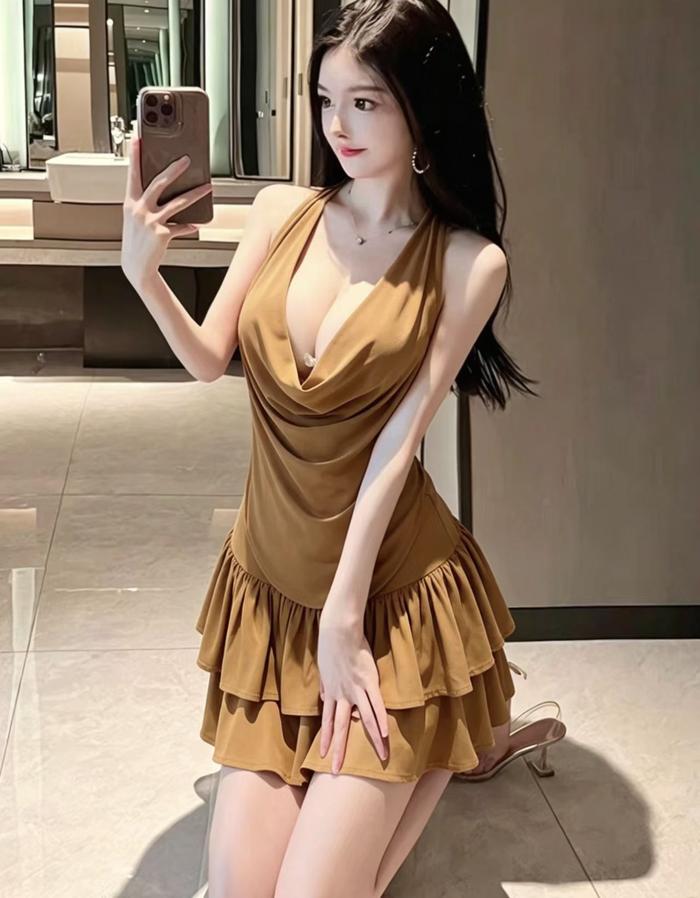 One Set Rok & Atasan Model Letter U Backless - Elegan Mewah Premium (Kuning Mustard)