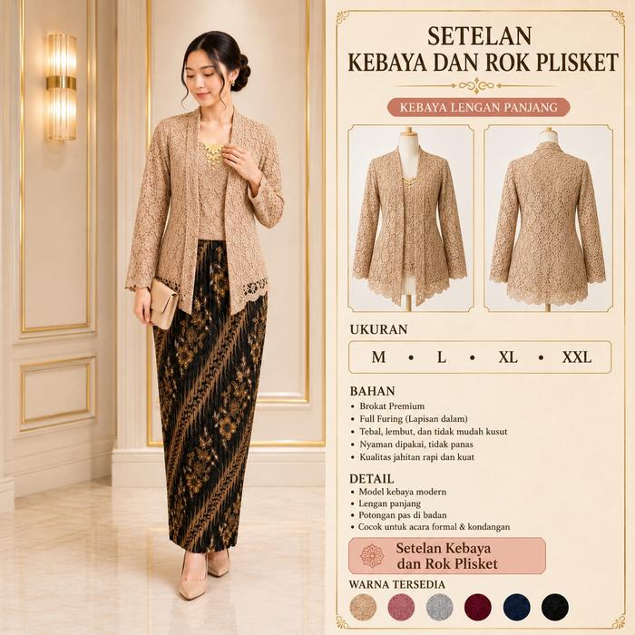 Setelan Kebaya Diajeng Kutubaru Brukat Lengan Panjang + Rok Plisket Baju Brokat Premium Motif Bunga 