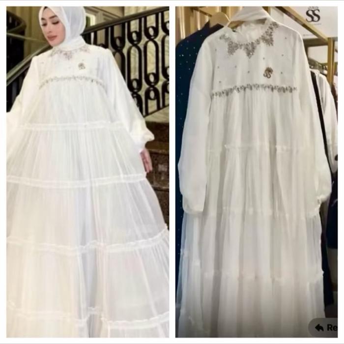 SHELLASAUKIA ORI GAMIS SUTRA PUTIH HEKTAR LEBARAN DRESS TERBARU ORI AMANAH Artis Kartika Putri SET O