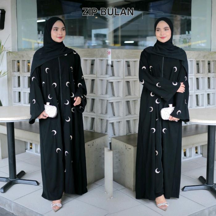 ZIP BULAN [Bulan Series] Abaya Gamis Hitam Zipper Bordir Jetblack Dress Maxi Gaun Daily Outfit Fashi