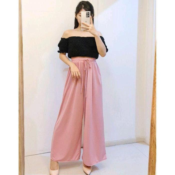 Kulot crinkle airfloww Katun rayon Airflow Karet Panjang Celana Wanita Serut Motif Dewasa  Bawahan L