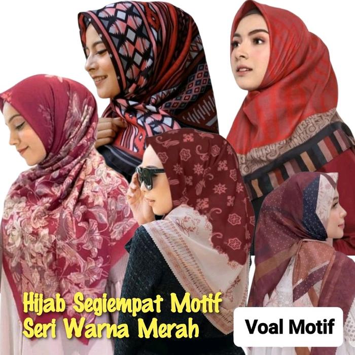 Hijab Segiempat Motif Seri Warna Merah/Marun/Magenta
