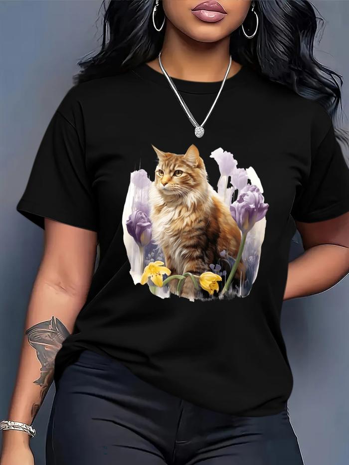 Camiseta Casual de Verano para Mujer Talla Grande, Estampado Geometrico y Floral en Blanco y - Cuell