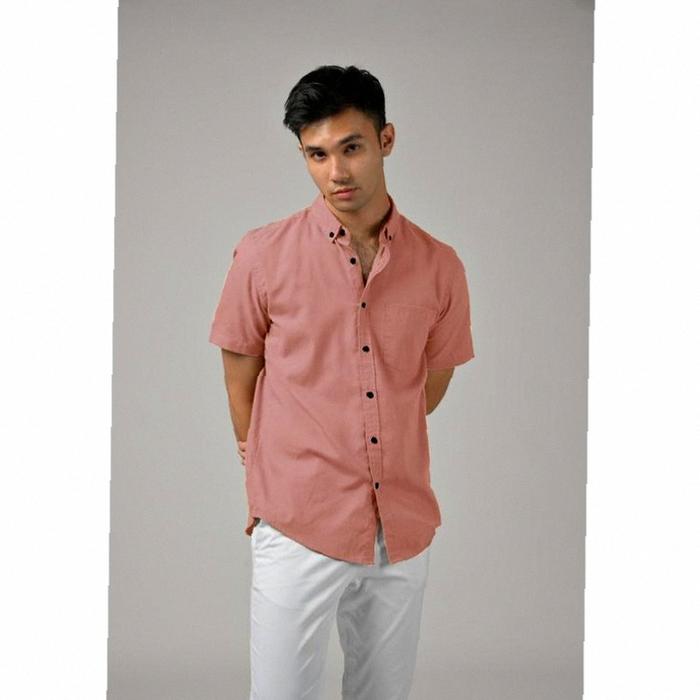 Kemeja / Hem Polos Pria / Cowok Lengan Pendek Kasual / Formal Warna PINK PEACH/ Pink / biru denim | 
