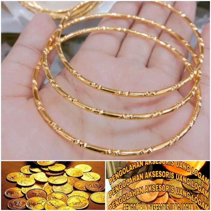 gelang kroncong isi 3 pieces bahan koin logam asli titanium anti luntur Emas Gold Kulit Perhiasan Si