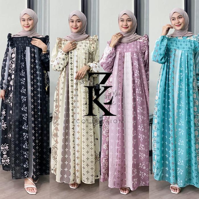 GAMIS BAJU WANITA NATHALIE BAHAN CERUTY BABYDOLL FULL FURING PANJANG NYAMAN KASUAL Bunga Garis Musli