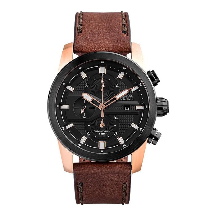 Jam Tangan Pria Alexandre Christie Chronograph AC 6562 MC LBRBA Men Black Dial Brown Leather Strap