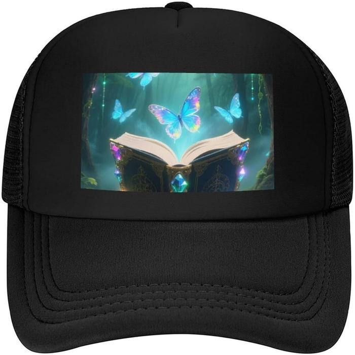 Baseball Cap Book Butterfly Glitter Trucker Hat with Curved Brim Adjustable Snapback Hat Black Casua