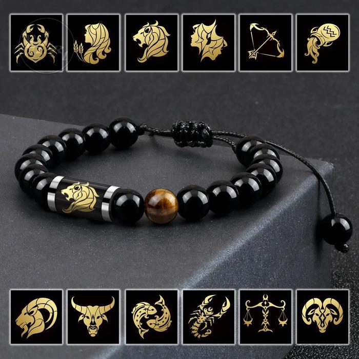 [EZArt] Gelang Batu Alam Simbol Zodiac 12 Konstelasi Bintang Zodiak Black Onyx Tiger Eye Tabung Kaca