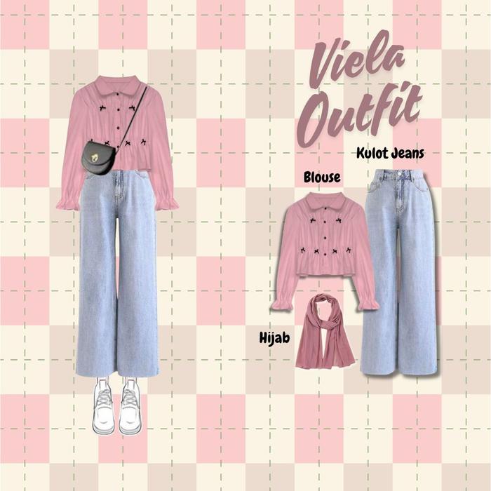 Viela Outfit | One Set ( Blouse Kerut + Kulot Jeans + Hijab ) | OOTD Korean Hijab