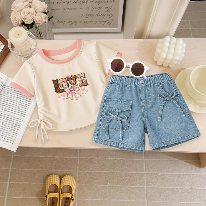 One Set Anak Cewek Baju Crop Lengan Pendek Love West Celana Pendek Jeans Tali Anak Perempuan Stylish