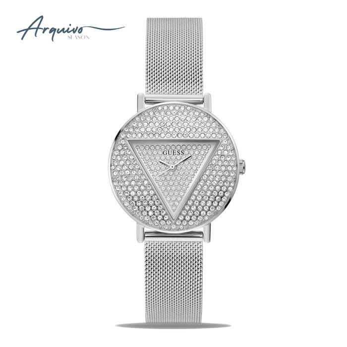 Jam Tangan Wanita Guess Iconic Ladies Silver Glitz Dial Stainless Steel Mesh Strap Mewah Luxury Watc