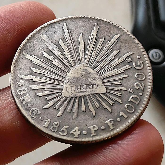 koin Perak Meksiko 8 Reales, mexicana 8R, 1854 Go PF, Guanajuato mint