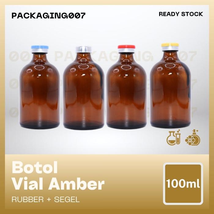 Packaging007 Botol Vial Amber 100ml Tutup Rubber Segel Flip off
