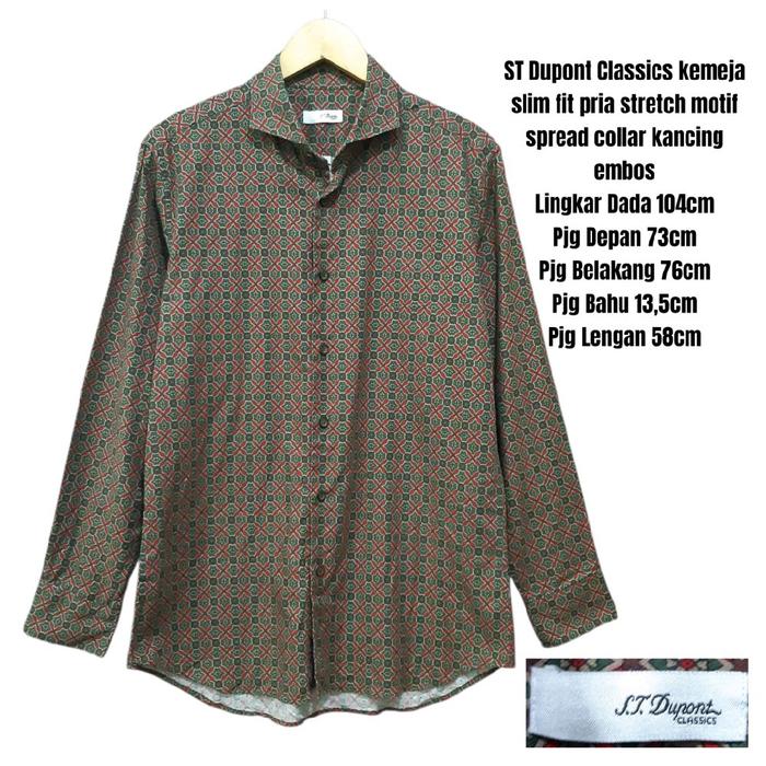 ST Dupont Classics kemeja slim fit pria stretch motif spread collar kancing embos