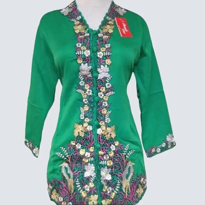 Baju Kebaya Encim Bordir Motif Kembang Bahan Katun Lengan Panjang Warna Hijau Botol Dress Gold Hitam