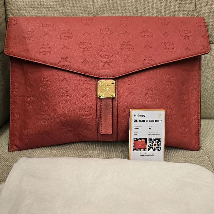 MCM CLUTCH BAG RED EMBOSSED LEATHER Original Authentic