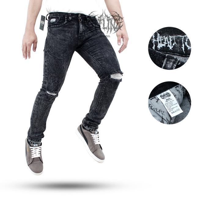 Offline Celana Jeans Pria Sobek Lutut Slim Fit Distro Denim Straht / Grey Hitam Melar Panjang