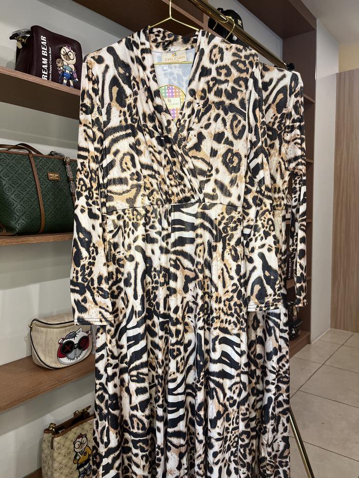[JOHN JOANN] DRESS MAXI FIT SATIN MOTIF LEOPARD SHIMMER GOLD LENGAN PANJANG | BAJU OUTFIT GAMIS GAUN