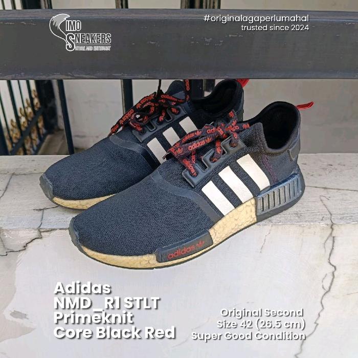 Adidas NMD R1 STLT Primeknit Hitam Merah Putih Sepatu Running Lari Sneakers Original
