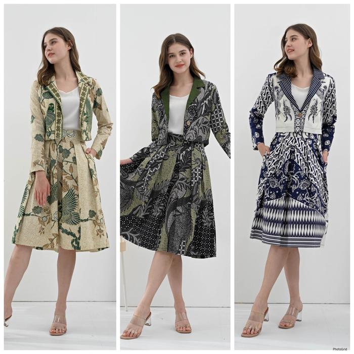 Pikoi_id / Setelan Batik Wanita Modern Lengan Panjang Semi Blazer / Set Batik Rok Kantor 316 PANJANG