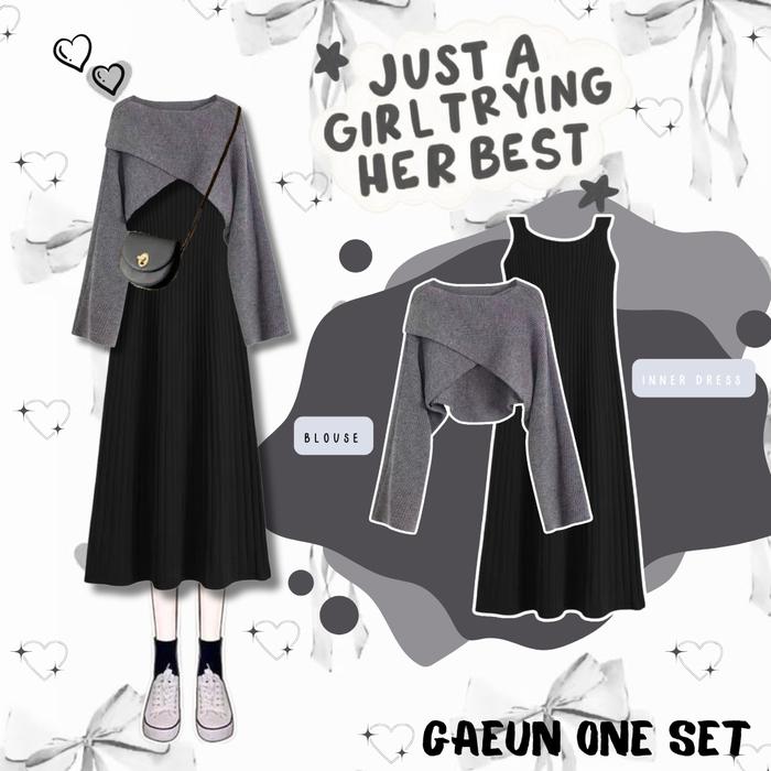 Gaeun One Set Wanita ( Atasan Outer Sweater Crop Cross Abu Tebal + Inner Dres Hitam Basic Nyaman ) O