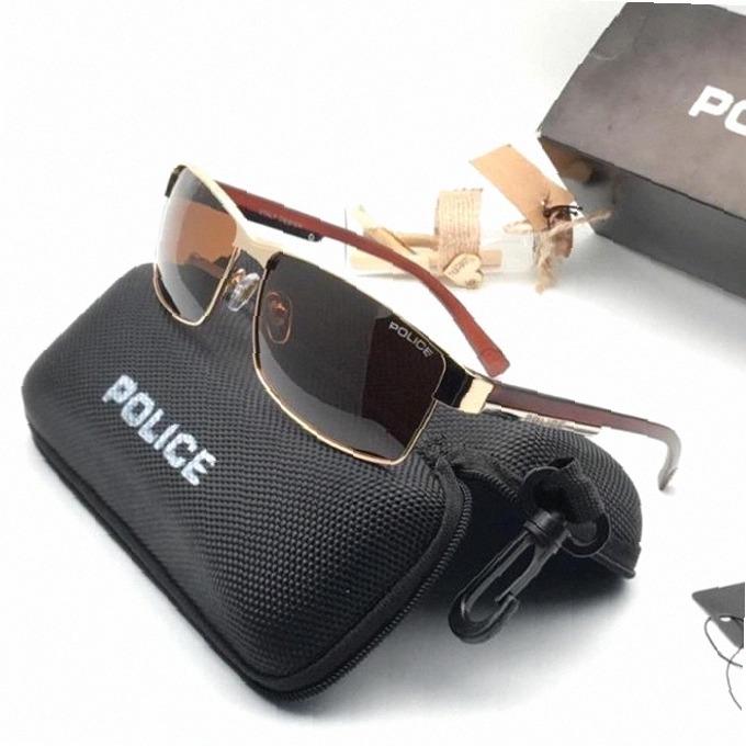 kacamata pria lensa polarized frame titanium lensa kaca police P24 murah - gold lns coklat, box mika