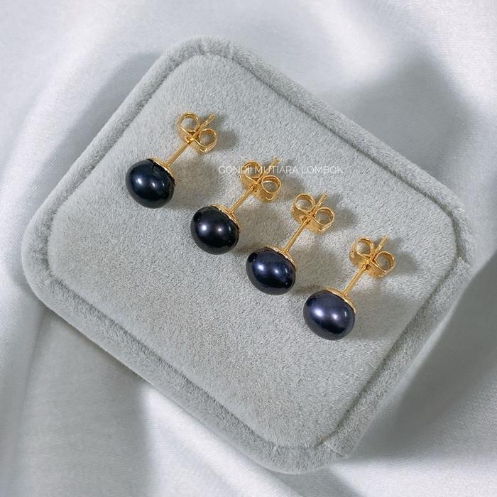 7mm Giwang Tusuk Mutiara Hitam | Stud Mutiara Asli Berwarna Hitam | Giwang Tusuk Minimalis Sederhana