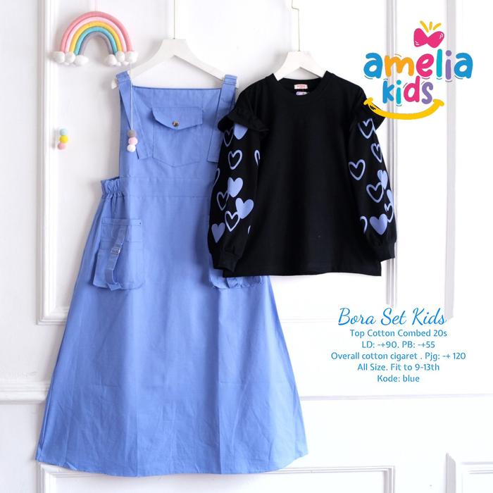 OVERALL SET Bora overall set amelia sudah termasuk inner kaos untuk usia 9-13 tahun anak SD SMP