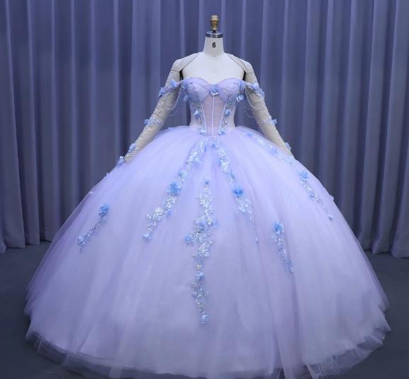 wedding dress modern  mexican lavender dress ball gown  with lance appliques princes lace  vestido.