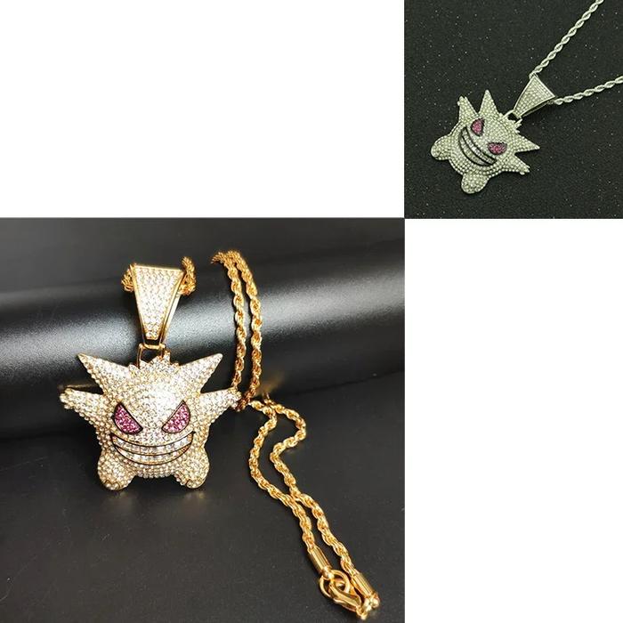Pokemon Gengar Miami Cuban Link Chain HipHop Men Women Necklace Trend Metal Pendant Rhinestone Paved