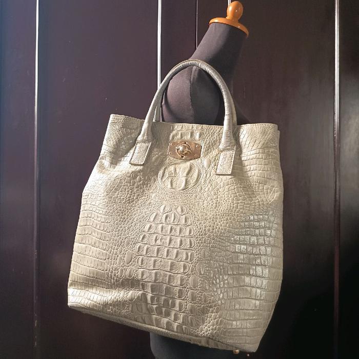 Handbag / Tas Jinjing Besar Kulit Asli Brand  F U R L A  Croco Grey Genuine Leather Preloved/second