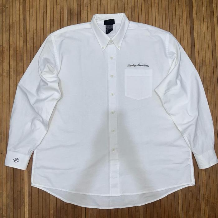 BIG SIZE VINTAGE 90s 3D EMBLEM HARLEY DAVIDSON MOTORCYCLE WHITE EMBROIDERED LONG SLEEVE OXFORD SHIRT