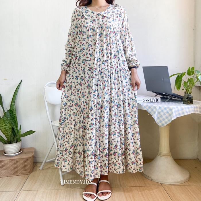Dress Floral Maxi Vimendy | Dress Gamis Muslim Korean Style Bunga Wanita | Homedress Tunik Kerah Pet