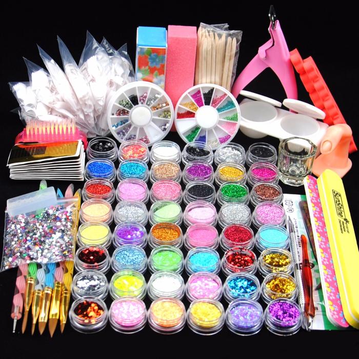 48 Glitter Powder Manicure Nail Kit Rhinestones 3D Design Acrylic