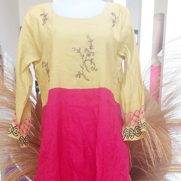 Baju India Asli Anarkali lengan panjang long set celana warna kombinasi kuning dan merah dan bordir