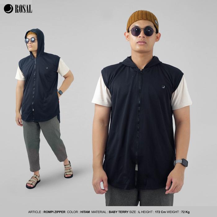 Rompi Zipper ROSAL HItam - Rompi Sholat Pria Hoodie Bahan Baby Terry Tebal Hangat Praktis Resleting