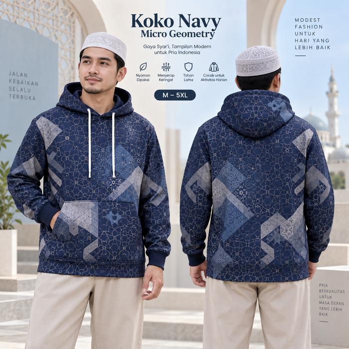 Hoodie Pria Muslim Koko Navy Motif Geometri Modern, Jaket Hoodie Lengan Panjang, Saku Kanguru, Tali 