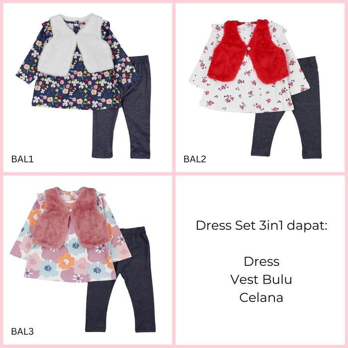 MINIBOO - Dress Set 3in1 kode BAL (PAKET DRESS ANAK BAYI) Baju Bayi