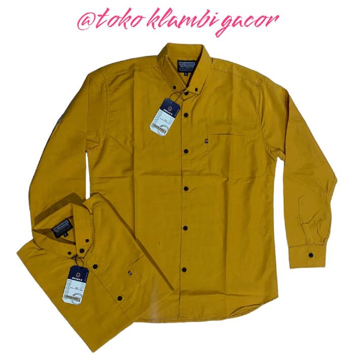 kemeja polos kunyit mustard lengan panjang pendek Katun Crew Neck V-Neck Slim-fitting Polos Kerah Ba